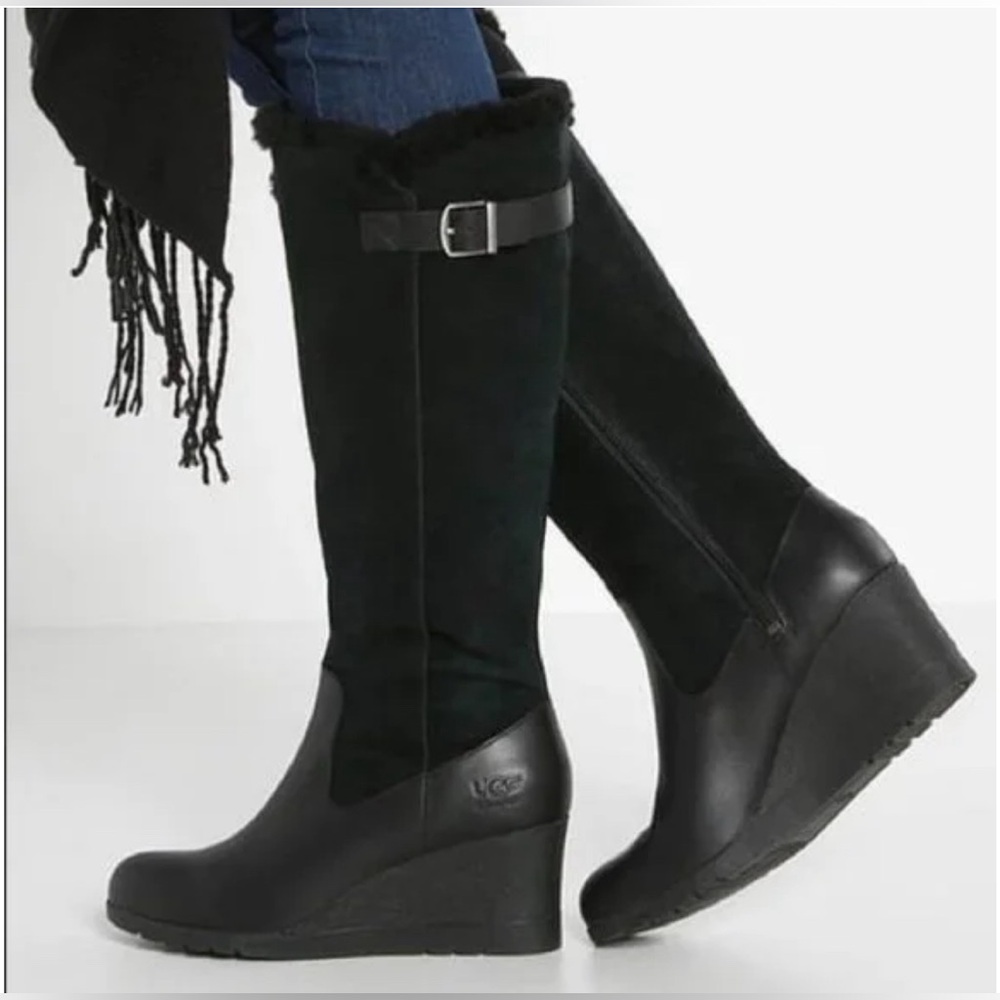 UGG Black Tall Wedge Winter Boots with Buckle